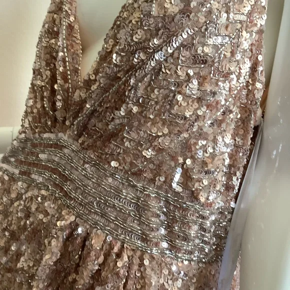 MacDuggal Rose Gold Sequin Evening Gown with Slit and Train - Picture 11 of 14